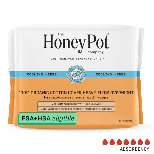 Honey Pot 100% Organic Cotton Cover Cooling Herbal Infusion Heavy Flow Overnight Pads, 16 Count 