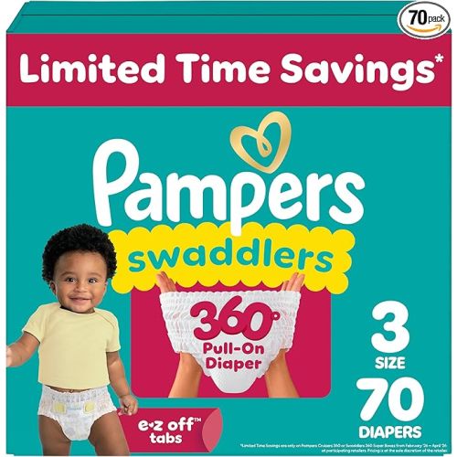 Pampers Diapers - Swaddlers 360° - Size 3, 70 Count, up to 100% Leakproof Comfy Dry Fit, Designed for Easy Changes, Pull On Baby Diaper (Packaging May Vary)