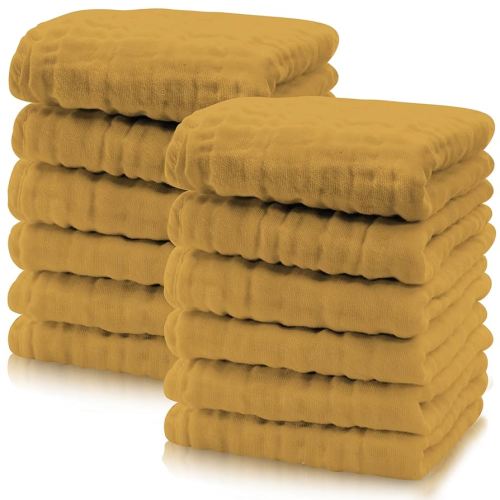Cute Castle 12 Pack Muslin Baby Washcloths - Large 12'' by 12'' - Ultra Soft 100% Cotton - Super Absorbent Burp Cloths for Unisex, Boy, Girl -Honey