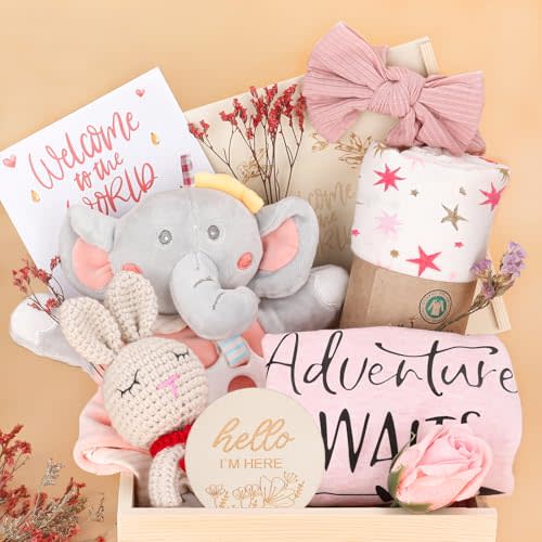 Baby Girl Gifts,Baby Shower Gifts for Girls,New Born Baby Girls Gift,Baby Girl Gift Basket,Unique Baby Gift Essential,Gender Reveal Gifts,Rattle Swaddle Blanket Baby Girl Gifts