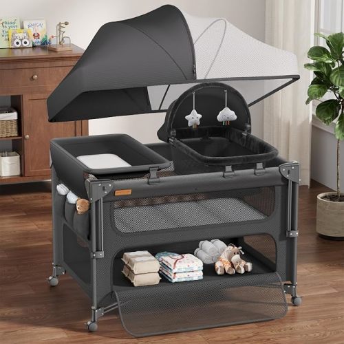 ANGELBLISS Baby Bassinet Bedside Crib, 5-in-1 One-Push Instant Fold Pack and Play with Changing Table, Napper Bassinet, Mattress & Mosquito Net, Portable Playard for Newborns to Toddlers