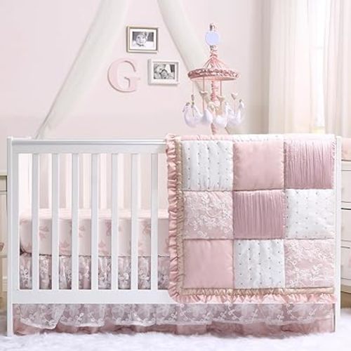 The Peanutshell 4 Piece Baby Crib Bedding Set for Girls - Newborn, Infant & Toddler Nursery Bed Set Decor with Two Crib Sheets, Dust Ruffle Comforter - Grace