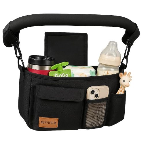 Nevvie & Co Universal Stroller Organizer With Cup Holder | Large Capacity Stroller Caddy | Non-Slip Secure Hooks Accessories | Stroller Attachment | Fits Most Strollers (Black)