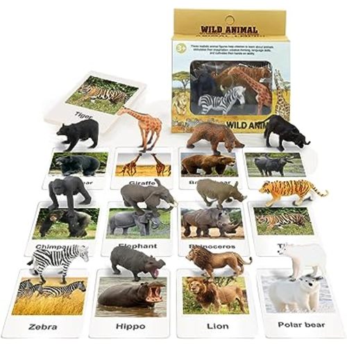 RUSON 12 Safari Animals Figures Toys with 12 Flash Cards, Realistic Mini Jungle Animal Figurines Cake Topper Party Supplies Montessori Animal Matching Game for Toddler Kids