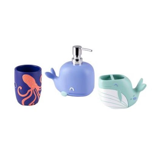 3pc Whales Kids' Bathroom Accessories Set - Allure Home Creations: Multicolored Resin Soap Dispenser, Toothbrush Holder, Tumbler