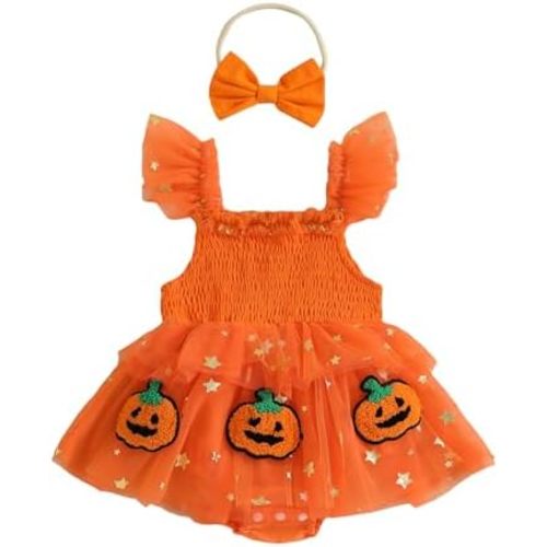 Baby Girl Halloween Outfits Tulle Romper Sleeveless Bodysuit Cute Pumpkin Infant Girl Dress+Headband 0-18M