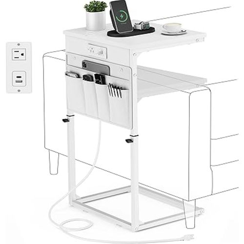 Vagusicc C Shaped End Table with Charging Station, Adjustable Height Side Table for Couch, Sofa Table Laptop Couch Side Tables, Slide Under Sofa TV Tray Arm C Tables for Living Room Bedroom, White