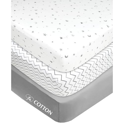 American Baby Company 3 Pack Fitted Mini Crib Sheet 24" x 38", Soft Breathable Neutral 100% Cotton Jersey Portable Sheet, Gray Star/Zigzag, for Boys and Girls, Fits Most Pack N Play Mattresses
