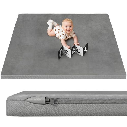 Baby Play Mat, Leather & Velvet Mat, Double-Sided/Reversible, 50x50 Playpen, 1.3" Thick Non-Toxic Cushioned, Waterproof Soft Crawling for Infants and Toddlers, Grey