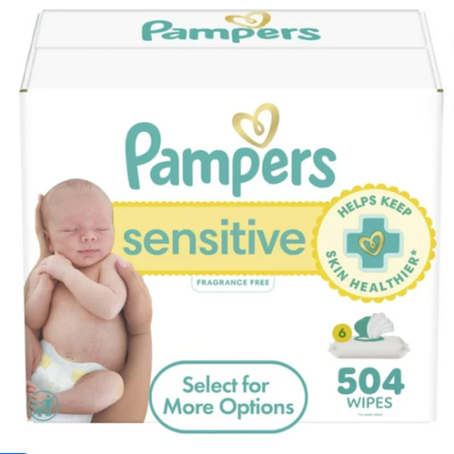 Pampers Baby Wipes Sensitive, Water Based Hypoallergenic and Unscented 504 Total (6 Flip-Top Packs)
