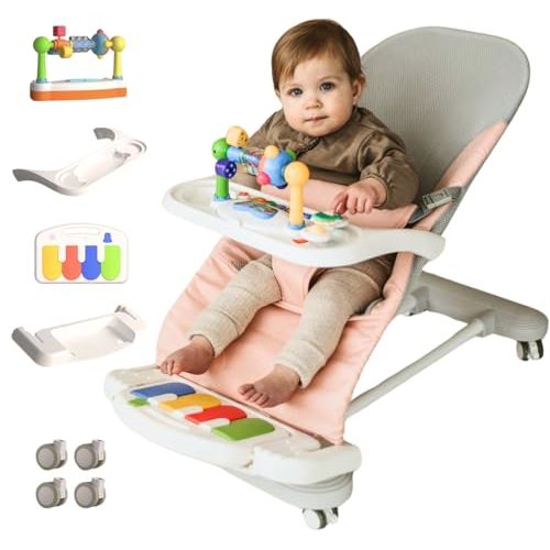 CuddoBaby Baby Bouncer 4-in-1 with Wheels, Detachable Piano, Feeding Tray, Play Bar, Thick Base. 3-Level Incline Portable Seat for Infant to Toddler 0-6, 0-12, 12-24 Months, Upto 29Lbs - Pink