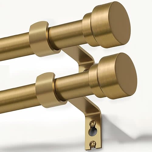 2 Pack Warm Gold Curtain Rods for Windows 28 to 48 Inches Adjustable Length Heavy Duty 1" Diameter Brass Window Curtain Rod with Solid Metal Finials for Outdoor Farmhouse Bedroom Kitchen Living Room