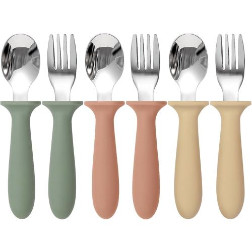 6 Pack Toddler Utensils, kids Silverware with Silicone Handle, 18/8 Stainless Steel Children Safe Spoons and Forks Set Baby Feeding Essentials, Dishwasher Safe