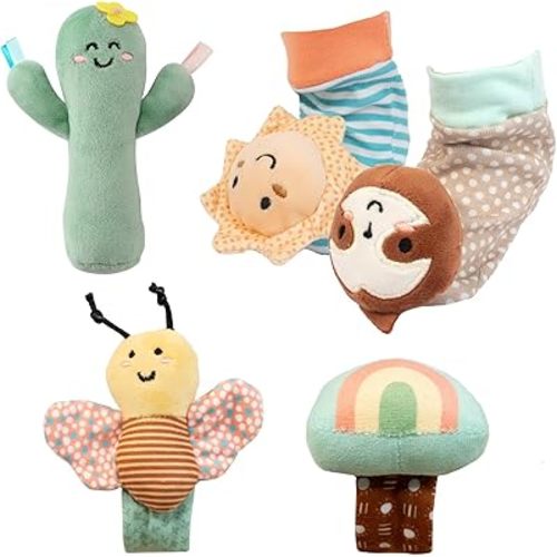 The Peanutshell Sock Rattles Set of 5 - Girl Boy Rattle Socks, Baby Toys 0-6-12 Month, Animal Newborn High Contrast Baby, Infant, Newborn Toys 0-3 0-6 Months Old Babies - Boho