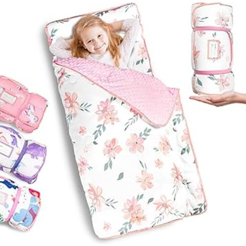 Primlect Thickened Toddler Nap Mat with Removable Pillow and Minky Blanket, Extra Large 55''x35'' Sleeping Bag, Washable, Roll up, Perfect for Daycare, Preschool, Kindergarten, Boys and Girls Flowers