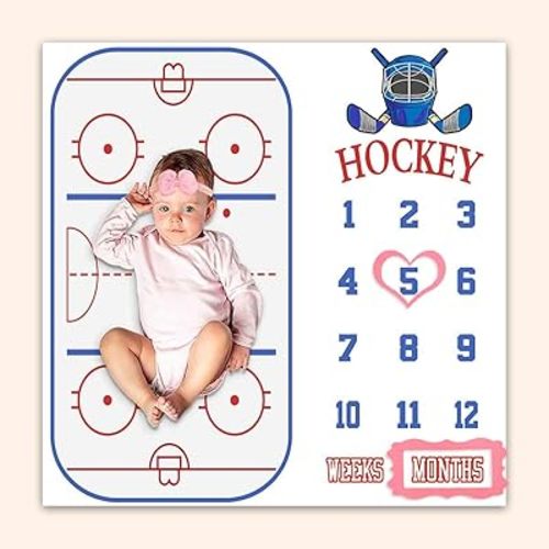 Baby Monthly Milestone Blanket, Hockey Stick Stadium Month and Age Blanket for Nursery, Girl 1-12 Months, Includes 4 Frame and 1 Headband 40"x40" BTLSPH286