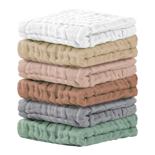 Cuddle Campus 6 Pack Muslin Baby Washcloths, Burp & Wash Cloths for Babies | 100% Cotton, Extra Soft & Absorbent, 12×12 Inches (Stretched Size), Baby Bath Towels for Newborn Girls & Boys