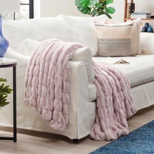 Chanasya Ruched Faux Fur Throw Blanket - Reversible Mink Blanket - 50" x 65” - Tan Rose