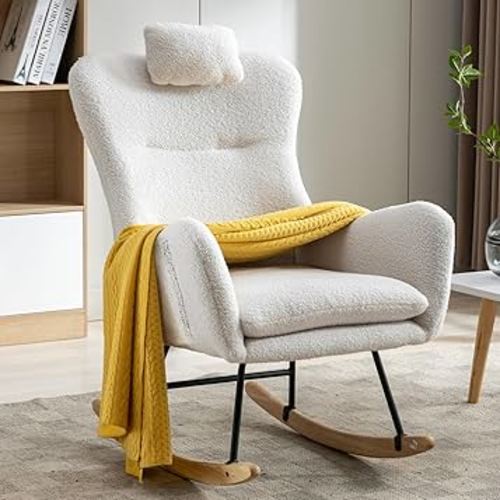 Nursery Rocking Chairs, Teddy Bear Fabric Nursing Rocking Chair for Mom and Baby, Modern Accent Glider Rocker Chair with Headrest Pillow (White)