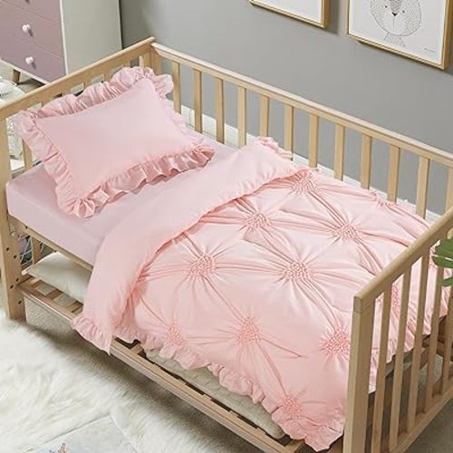 HOMBYS 3 Pieces Princess Pink CribBedding Set for Baby Girls, Ultra Soft Blush Pinch Pleat Comforter Set with Ruffles for All Season