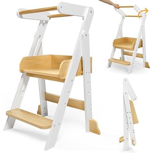 Foldable Toddler Tower with 3 Heights, Kids Step Stool for 1.5-6 Years, Toddler Standing Tower for Bathroom Sink, Stool for Kids Anti-Drop (White)