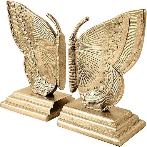 Vintage Brass Decorative Bookends Butterfly Design, Heavy Sturdy Cast Iron Book Ends, Metal Bronze Shelves Stoppers Holder Decor, 1Pair/2Piece