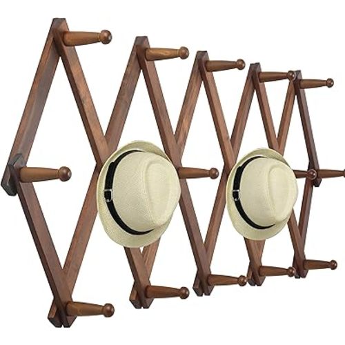 WEBI Accordion Wall Hanger, Wooden Coat Rack Wall Mounted, Hat & Cap Hook Rack, 16 Peg Hooks, Walnut Color