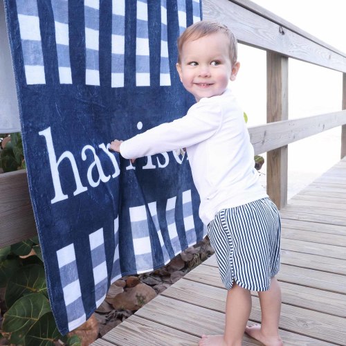 Navy Seersucker Personalized Kids Beach Towel