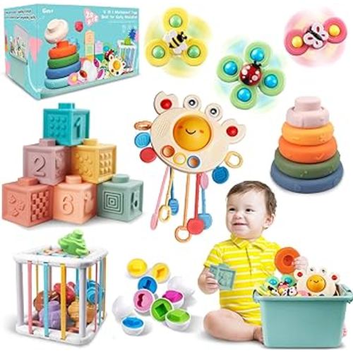 Baby Toys for 6 to 12 Months, Montessori Sensory Bins Toys for Toddlers 1-3, Pull String Teether Infants Bath Toys 6 in 1 Stacking Blocks Rings, Matching Eggs, Suction Cup Spinner Toy