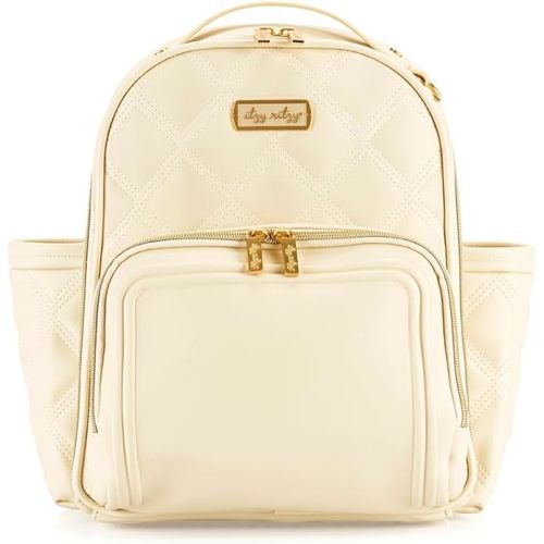 Itzy Ritzy Mini Diaper Bag Backpack – Chic, Compact Mini Plus Backpack with Changing Pad, 10 Pockets (6 Internal, 4 External), Grab-Top Handle & Rubber Feet (Milk & Honey)
