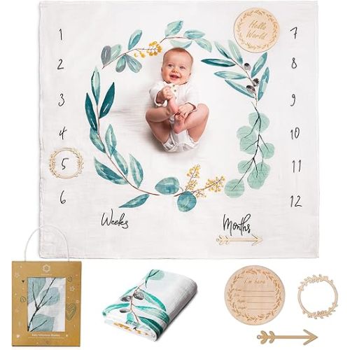 Baby Milestone Blanket | Cotton Muslin Blanket | Monthly Milestone Blanket for Baby Boy or Girl, Unisex | Newborn Baby Shower Present for New Mums | Flowers & Leaves Theme | Includes Wooden Frames