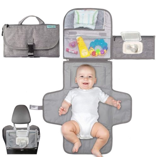 Kopi Baby Portable Diaper Changing Pad - Baby Diaper Changer Travel Bag with Wipes Pocket, Smart Design Portable Changing Mat, Infant Travel Station Kit, Gift for Newborn Girl & Boy - Grey, Classic