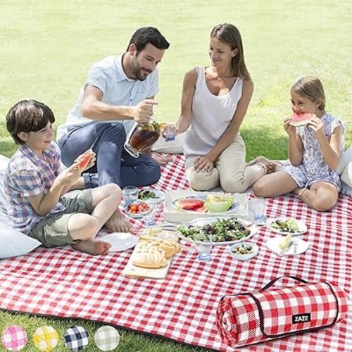 ZAZE Picnic Blanket Extra Large Waterproof, 80''x80''Checkered Picnic Blankets Beach, Outdoor, Camping on Grass Accessories Couple Ideas Wedding Registry Valentines Day (Red and White)