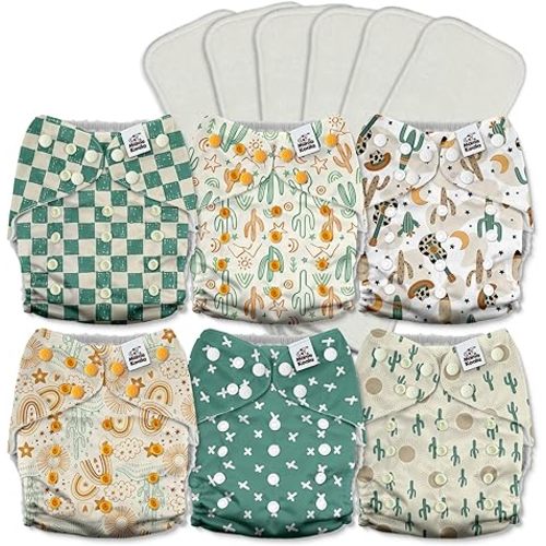 Mama Koala 3.0 Pocket Cloth Diapers for Babies with AWJ Lining, 6 Pack with 6 5-Layer Natural Cloth Diaper Inserts - Reusable and Washable Pocket Diapers(A-Desert Oasis)