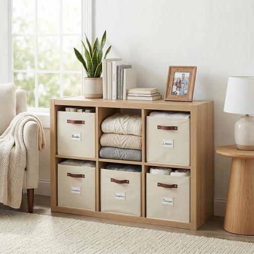 DECOMOMO Storage Bins, Cube Storage Bin with Labels, Fabric Storage Cubes for Shelves (10.5" x 11" / 6pcs, Beige)