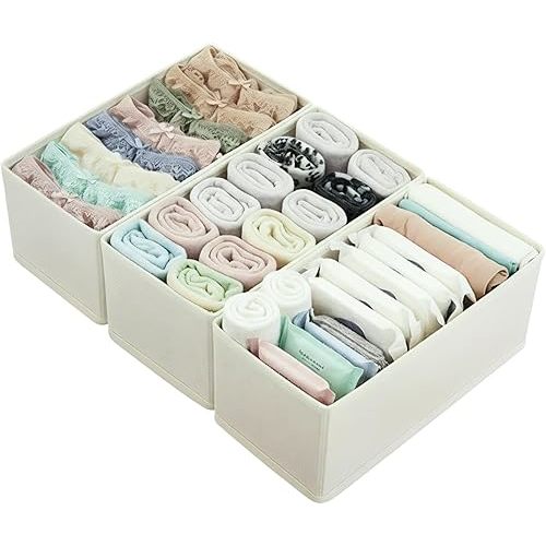 Dresser Drawer Organizer 3-Pack Beige - Foldable Small Storage Bins for Socks, Underwear & Bras, 11" Fabric Dividers for Closet