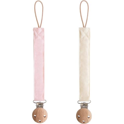 mushie Linen Baby Pacifier Clip Holder | Soft Fabric Strap, 2-Pack (Blush/Cream)