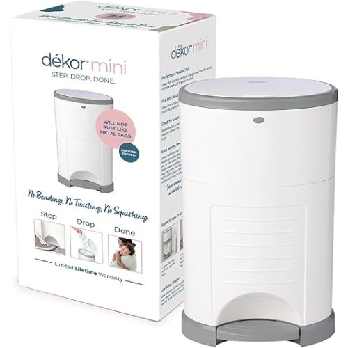 Diaper Dekor Mini Hands-Free Diaper Pail | White | Easiest to Use | Just Step – Drop – Done | Doesn’t Absorb Odors | 20 Second Bag Change | Most Economical Refill System