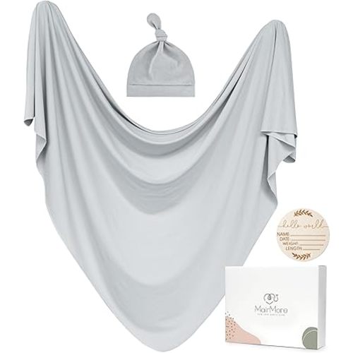 Baby Swaddle Receiving Blankets with Matching Beanie Set Newborn Nursery Swaddle Wrap for Baby Girls and Boys (Grey)