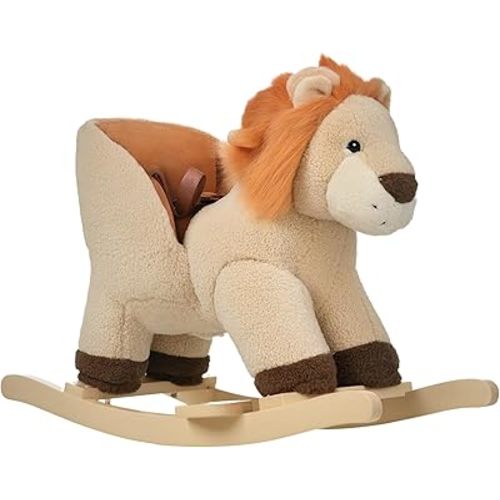Qaba Baby Rocking Horse Lion with Sound, Plush Stuffed Rocking Animals, Wooden Rocking Horse with Seat Belt for 18-36 Months Boys and Girls Gift, Brown