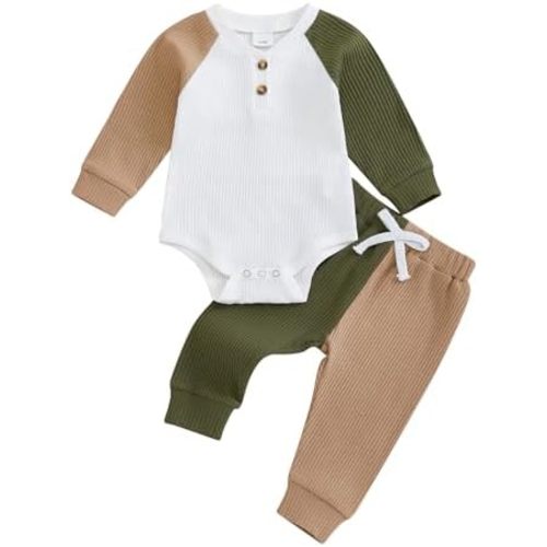 Thorn Tree Newborn Baby Boy Clothes Ribbed Button Crewneck Romper Stretchy Long Pants Contrast Color Outfits