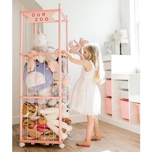 Mloong Stuffed Animal Zoo Storage, Pink Wood Stuffed Animal, Gift for Nursery Playroom Kidroom Bedroom (54inch)