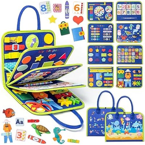Nicecho Busy Board Montessori Toy for 1 2 3 4 Year Old Toddlers, Educational Activity Developing Sensory Board for Fine Basic Dress Motor Skills, Travel Toys for Plane Car, Gift for Boys Girls