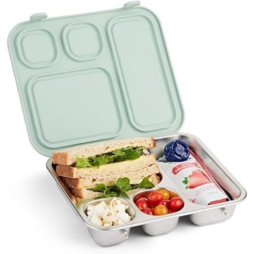 Elk and Friends Kids Stainless Steel Bento Box with Silicone Lid | Leak-proof | Toddler Lunch Container | 4 Compartments | Dishwasher Safe