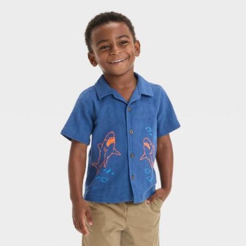 Toddler Boys' Embroidered Shark T-Shirt - Cat & Jack™ Dark Blue 3T: Cotton Blend, Recycled Polyester, Midweight, Button Down