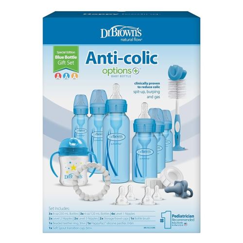 Dr. Brown's Natural Flow Anti-Colic Options+ Special Edition Blue Baby Bottle Gift Set with Soft Sippy Spout Transition Cup, Flexees Teether, Bottle Cleaning Brush and Travel Caps