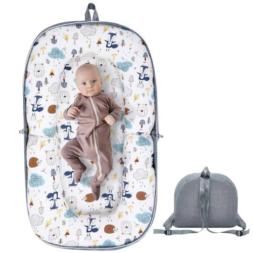 Baby Lounger,Foldable Portable Baby Travel Bassinet with Memory Foam Mat,Baby Travel Nest Converts to Backpack for Easy Carry and Travel,Fox Two