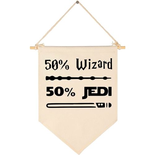 50% Wizard 50% Jedi-Canvas Hanging Flag Banner Wall Sign Decor Gift for Baby Kids Boy Nursery Teen Room Front Door -Star Quotes Wars Gift