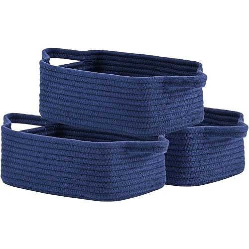 Small Woven Basket, 12 x 8 x 4.5 Inches, Small Storage Baskets for Organizing, Gift Baskets Empty, Cute Small Rope Shelf Closet Storage Bins Baskets for Shelves, Dog Toy Basket, 3 Packs, Navy Blue