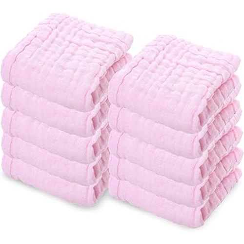 10 Pack Soft Muslin Unisex Baby Washcloths for Daily Use, 100% Cotton Set for Delicate Skin. Soft and Super Absorbent, Newborn Baby Essentials and Baby Registry,12x12 Inches (Pink)